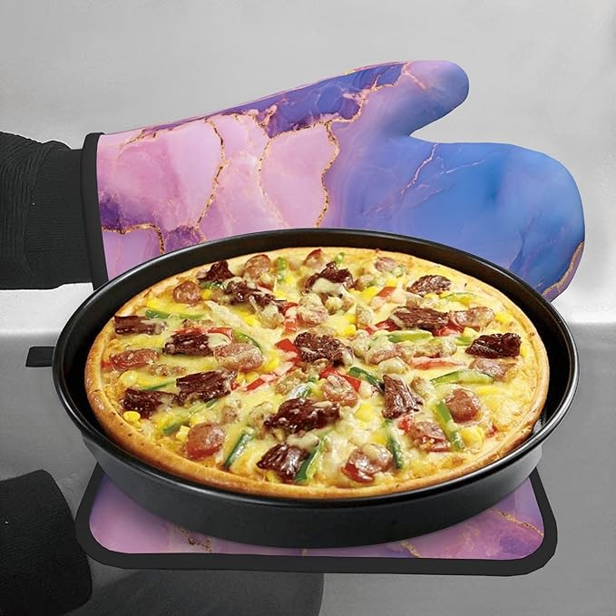 Oven Mitt and Pot Holders Sets - Marble Kitchen Mitts Decorative Purple Pink Oven Gloves Hot Pads Set of 2 for Cooking Baking Grilling