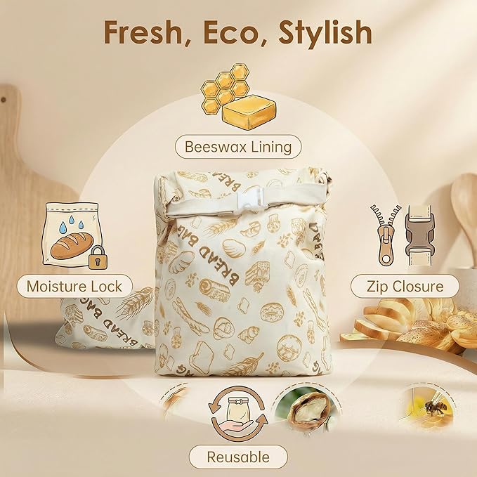 2-Pack JIDSPWLS Reusable Beeswax Bread Bags – Breathable for Homemade & Sourdough Loaves, Extends Freshness, Freezer & Fridge Compatible