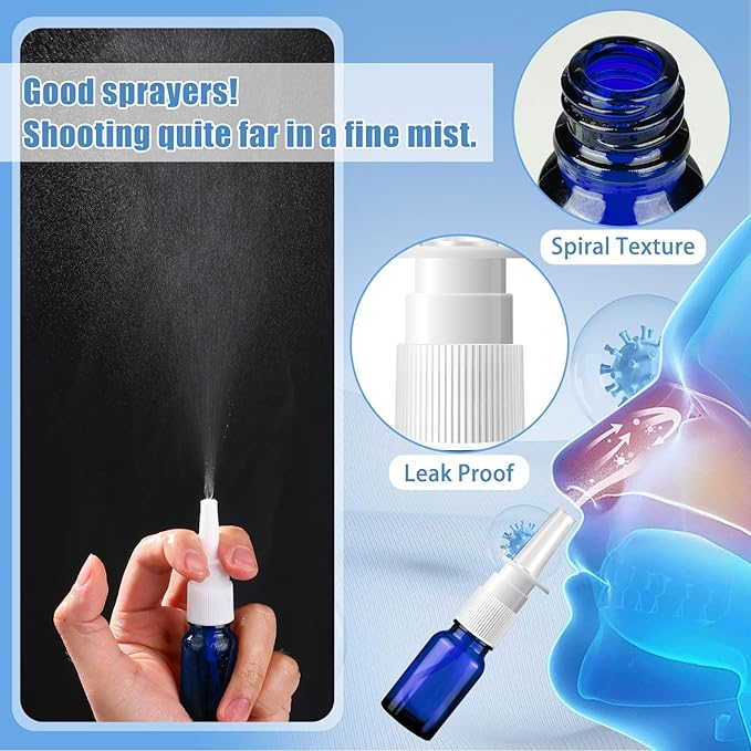 20 Pcs Nasal Spray Bottle, 10ML/0.35OZ 12 Pcs Glass Bule Refillable Empty Nasal Spray Bottles with 4 Funnels and 4 Labels