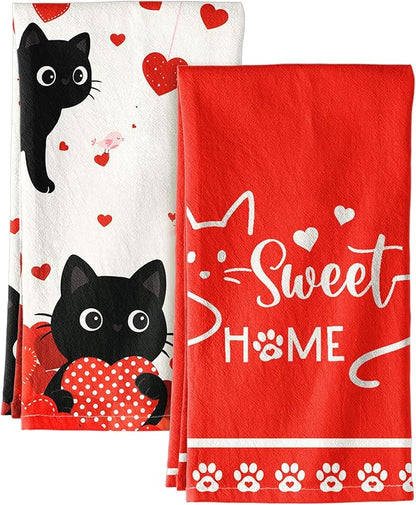 Miss Adola Valentine Day Kitchen Towels Set of 2 - Flour Sack Tea Towels with Hanging Loop 18x26 Inch Sweet Home Hand Dish Cloths Red Hearts Cats Absorbent Reusable Dishcloths Cute Valentine Decor