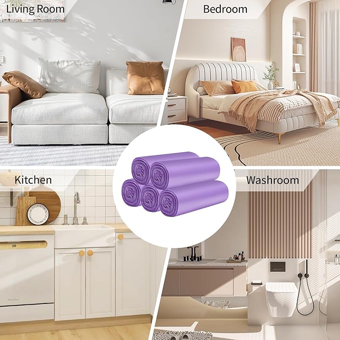 3 Rolls Small Trash Bags - 60 Counts Durable 4 Gallon Small Garbage Bags for home office kitchen Bathroom Bedroom Trash Can liners（Purple）
