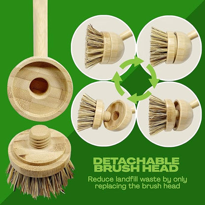 JuneLily Long Coconut Dish Brush Plant-Based Vegan for Kitchen Bathroom Cleaning Produce Washing Dishes (Long Dish Brush & Sisal & Coconut Brush Head)