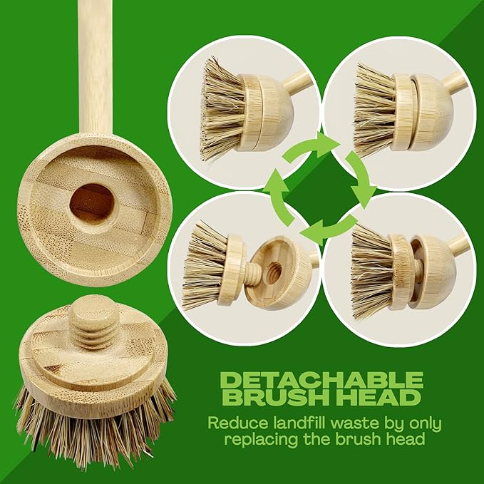 JuneLily Long Coconut Dish Brush Plant-Based Vegan for Kitchen Bathroom Cleaning Produce Washing Dishes (Long Dish Brush & Coconut Brush Head)
