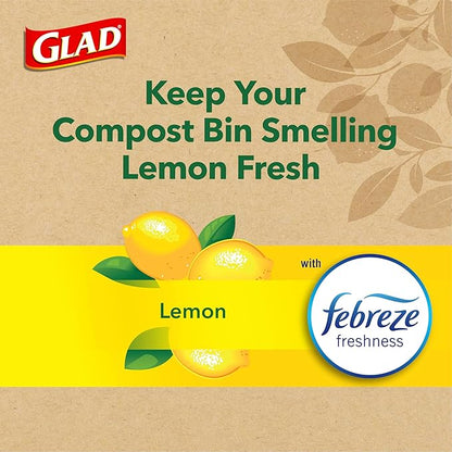 Glad Trash Bags, Kitchen Compost Bags 2.6 Gallon Garbage Bags, 100% Compostable Bag, Febreze Lemon, 44 Count (Package May Vary), Light Yellow