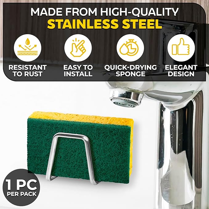 Stainless Steel Sponge Holder for Kitchen Sink – Compact & Durable Kitchen Sink Sponge Holder – Easy to Install, Keeps Item Dry, Saves Storage Space | Suitable for Metal, Glass, Ceramic, Wood & More