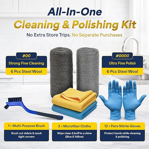 Steel Wool Cleaning & Polishing Kit, 6Pcs 00 & 6Pcs 0000 Steel Wool Pads with Brush, 2 Microfiber Cloths & 12 Pairs Nitrile Gloves, 0000 Steelwool for Wood, Metal, Cookware, Grill & Tools
