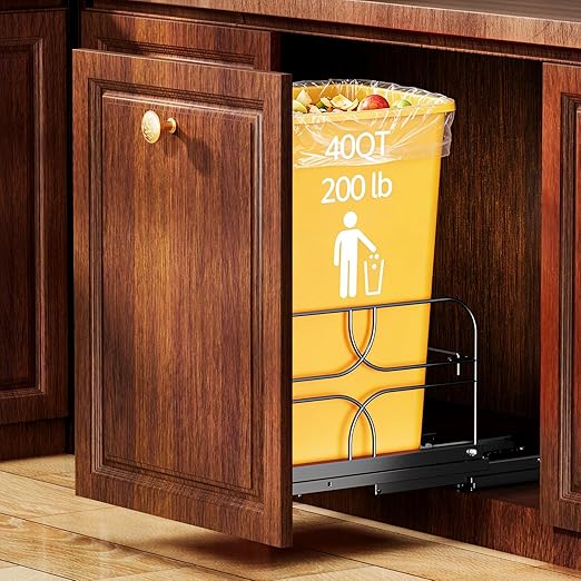 Pull Out Trash Can Under Cabinet with Soft-Close Slides, Heavy-Duty 200LB Black Under Sink Trash Can Organizer for Kitchen, Fits Minimum Cabinet Opening 12" W x 17" D, Garbage Can Not Included