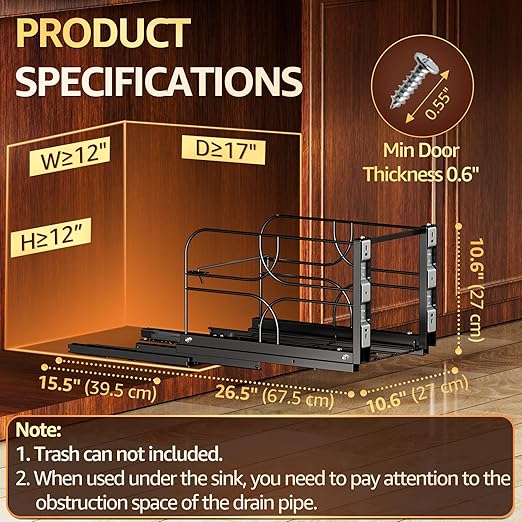 Pull Out Trash Can Under Cabinet with Soft-Close Slides, Heavy-Duty 200LB Black Under Sink Trash Can Organizer for Kitchen, Fits Minimum Cabinet Opening 12" W x 17" D, Garbage Can Not Included
