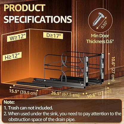 Pull Out Trash Can Under Cabinet with Soft-Close Slides, Heavy-Duty 200LB Black Under Sink Trash Can Organizer for Kitchen, Fits Minimum Cabinet Opening 12" W x 17" D, Garbage Can Not Included