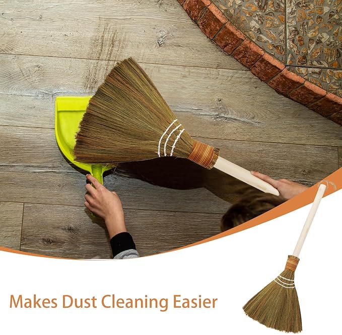 Asian Small Broom, Natural Hand Short Brooms with Wood Handle for Sweeping Indoor Home and Yard