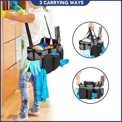 LoDrid Large Professional Cleaning Caddy with Detachable Divider, Supply Organizer with Handle and Shoulder Strap, Cleaning Bags for Housekeepers & Cleaners, Black