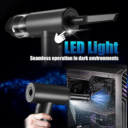 Electric Air Duster Rechargeable 2-in-1 91,000 Super Power Air Blower Cordless with Car Vacuum and LED Light, 7500mAh Battery Electric Duster for PC, Keyboard, House, Car Cleaning - Black