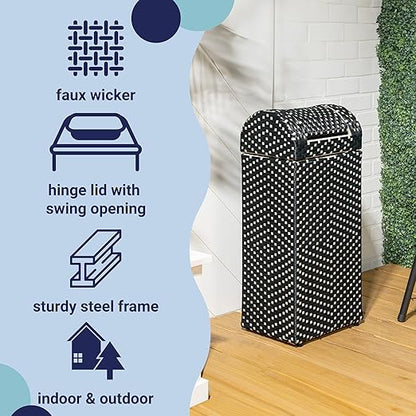 happimess HPM1201E Darla 14.27-Gallon All-Weather Wicker/Metal Swing Top Hideaway Outdoor Trash Can, Dark Navy/White, Classic, Coastal, Casual Wastebin for Backyard, Patio, Porch, Kitchen