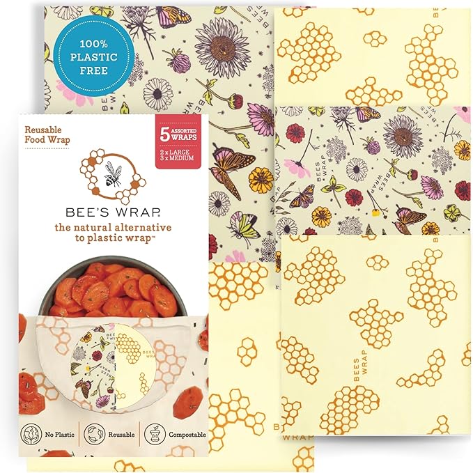 Bee's Wrap Beeswax Wraps for Food - Pack of 5 Assorted Wraps - 3 Medium & 2 Large Food Storage Bags - Meadow Magic & Honeycomb - Plastic Free Made in USA Reusable Kitchen Storage Bags