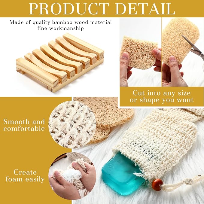 Baderke 36 Pcs Soap Saver Set for Packaging Gift Including Wooden Dish Holder Exfoliating Bag with Drawstring Soap Pads for Mother's Day Bar Wedding Baby Shower Homemade Gift(Wood Color)