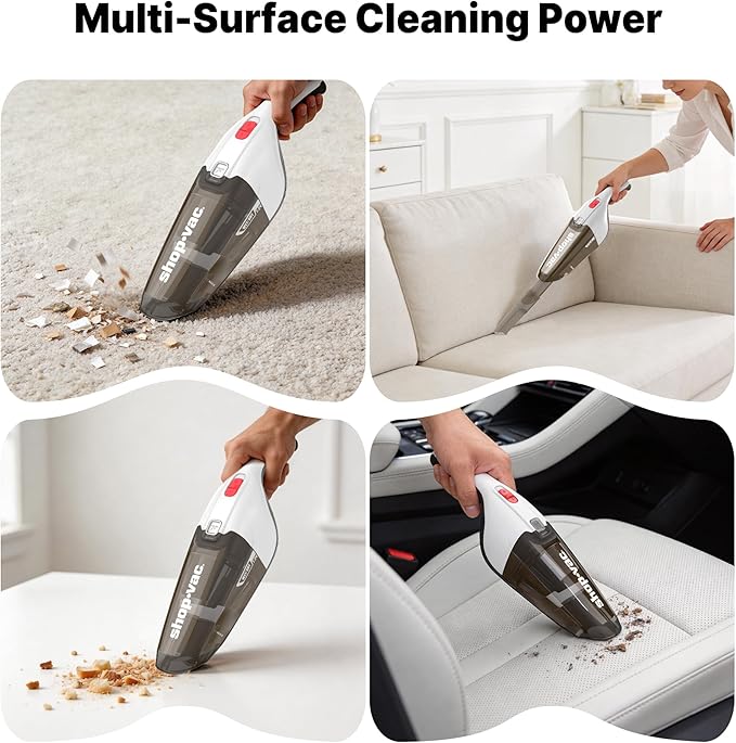 Shop-Vac Wet/Dry Handheld Vacuum, Powerful Small Vacuum Cordless Rechargeable, Wall-Mounted Hand Vac with Crevice Tool, Portable Vacuum for Home & Car, Lightweight & Compact, White
