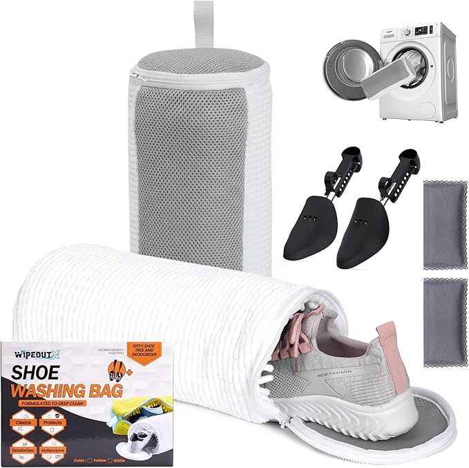 Shoe Washing Machine Bag with Shoe Trees and Deodorizer Bags, 2 Pcs Cylindrical Sneaker Laundry Bag for Washer and Dryer, 360 Deep Cleaning Shoe Washing Bag with Zipper, All Shoe Sizes, White