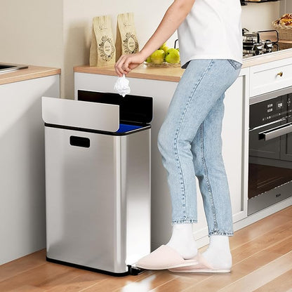 GarveeHome 14.8 gal Dual Compartment Step Trash Can, Stainless Steel Kitchen Bin with Butterfly Lid & Foot Pedal, 2x7.4 gal Removable Buckets for Easy Waste and Recycling, Silver
