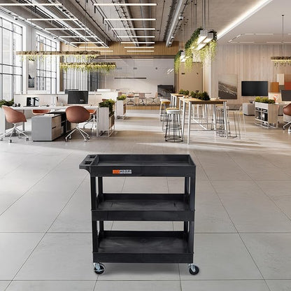 Tubstr 3-Tier Rolling Utility Cart with Wheels | Supports 300 lbs. Total | Heavy-Duty Capacity for Garage Storage, Office Spaces, & Kitchen Use | Durable Tool Cart with Locking Wheels (Black, 32 x 18)