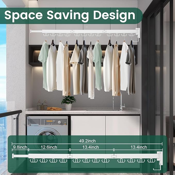 Kelisiting Wall Mounted Clothes Drying Rack, Laundry Drying Rack Wall Mount, 3-Fold Drying Rack Clothing, Foldable Clothes Drying Rack with 12 Dual Hooks Organization for Laundry Room Indoor - White