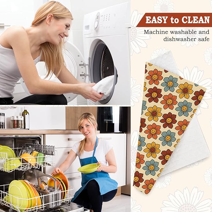 Whaline 6 Pack Retro Floral Swedish Dishcloths Vintage Boho Rainbow Flower Cotton Kitchen Towel Reusable Washable Dish Towel for Counter Cleaning Baking Cooking, 6.9 x 7.7 Inch