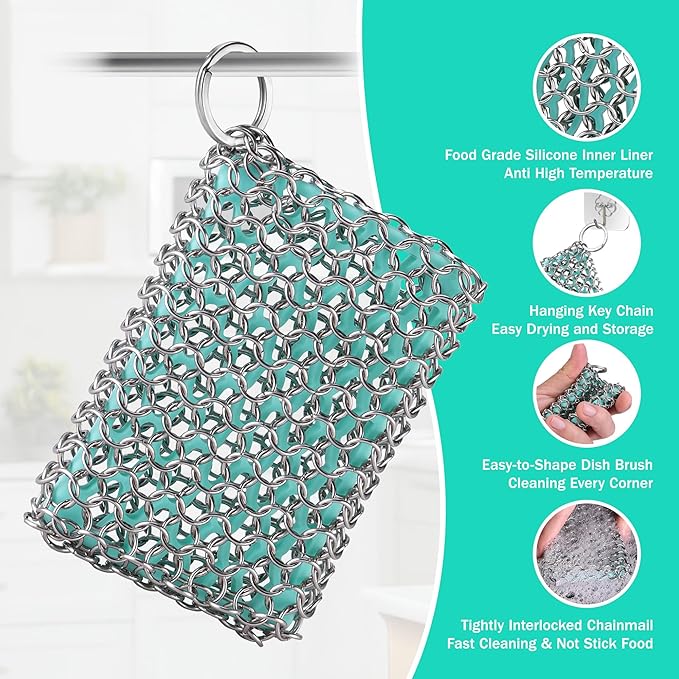HAUSHOF Cast Iron Scrubber, Chainmail Scrubber with Silicone Core, Premium Cast Iron Cleaner for Skillet, Pan, Dutch Oven