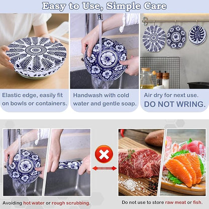 5-Size Reusable Beeswax Bowl Covers for Bread Proofing, Cotton Cloth Flexible Beeswax Wraps for Food Storage(Blue Lily)