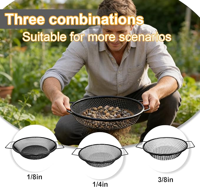 Soil Sifter for Gardening, Rock Sifter for 5 Gallon Bucket,Compost Sifter Dirt Sifter,Captures Dirt Rocks Sawdust (3pcs Black Handle)