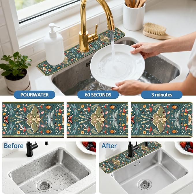 2 Pcs Kitchen Sink Splash Guard Faucet Mat Vintage Green Insects and Plants Faucet Mat for Sinks Absorbing Drying Mats for Kitchen Bathroom, 23.6x5.5inch