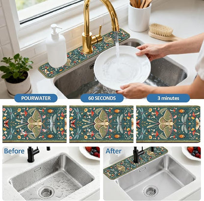 2 Pcs Kitchen Sink Splash Guard Faucet Mat Vintage Green Insects and Plants Faucet Mat for Sinks Absorbing Drying Mats for Kitchen Bathroom, 23.6x5.5inch
