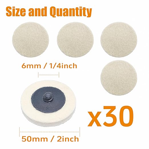 Merryland Wool Quick Change Disc 2 inch for Die Grinder, 2inch Polishing Buffing Pad 30 Pack, Wool Fabric Disc Polishing Buffing Wheel Metal Steel Iron Universal, DGTAB30C1