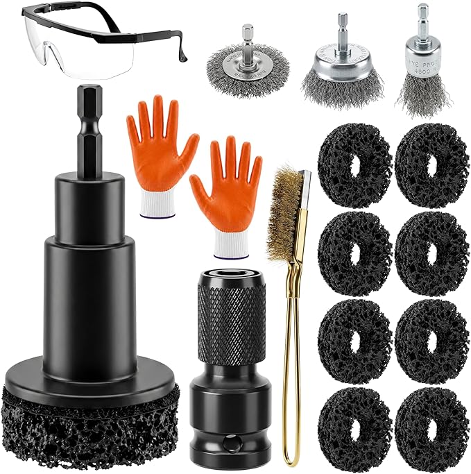 Wheel Hub Cleaning Tool Kit, 17 PCS Wheel Stud Rust Remover Tool with Goggles & Gloves, Surface Cleaning Pad Fits 1/2" Impact Wrench & Drill, for Vehicle Rotors, Hubs and Brake Service