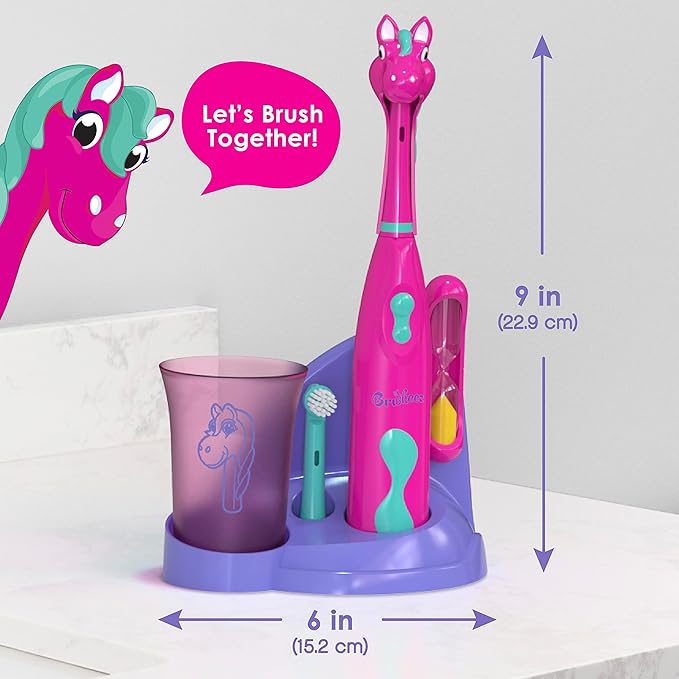 Brusheez Kids’ Electric Toothbrush Set - Safe & Effective for Ages 3+ - Parent Tested & Approved with Gentle Bristles, 2 Brush Heads, Rinse Cup, 2-Minute Timer, & Storage Base (Prancy the Pony)