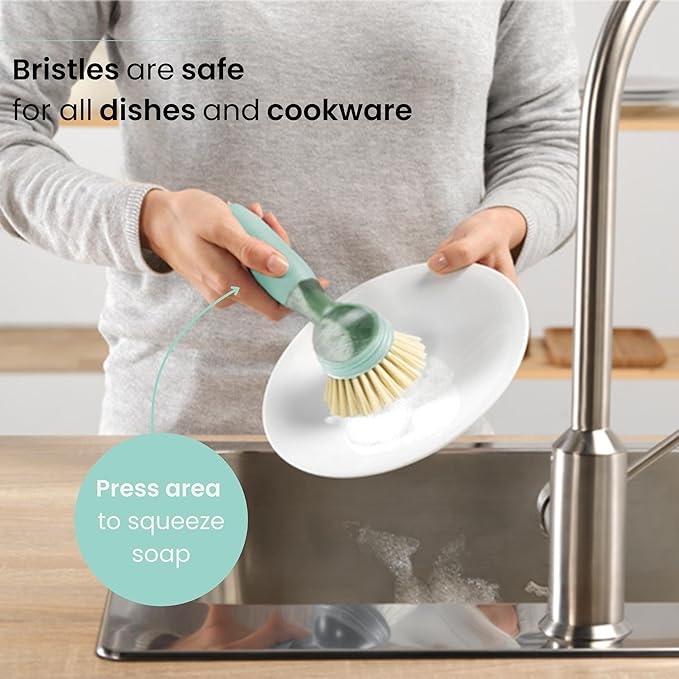 Vigar Rengo Dish Brush with Soap Dispenser - Dish Scrubber with Handle, Kitchen Scrub Brush for Dishes, Sink Cleaning Brush, Soap Dispensing Dish Wand with Nylon Bristles, Non Scratch - Turquoise