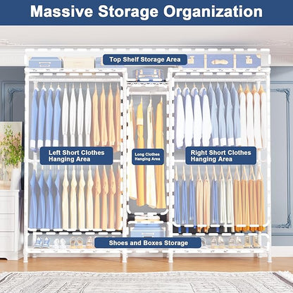 Ulif E12C Pro Heavy Duty Closet Organizer System，Freestanding Clothing Racks for Hanging Clothes，Adjustable Garment Rack 71"W x 16"D x 76.5"H Hold 960lbs，White Clothing Rack with Black Dustproof Cover