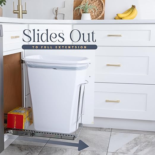 Pull-Out Trash Can for Cabinet -10 Gal / 40 qt – Heavy-Duty Chrome, Smooth Slide with Trash Bag Storage – Fits 11" Cabinet Opening (Bin Not Included)