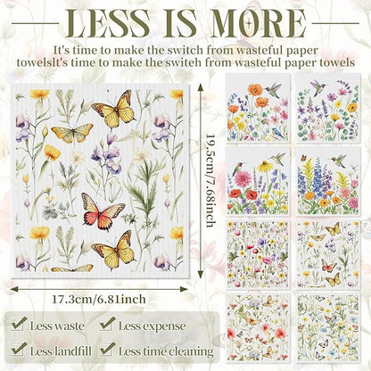 Tegeme 8 Pcs Wildflowers Swedish Dishcloth Kitchen Spring Hummingbird Butterfly Flower Dish Towel Absorbent Cotton Reusable Kitchen Towels for Summer Home Party Housewarming Counter Wipes, 6.8 x 7.7''