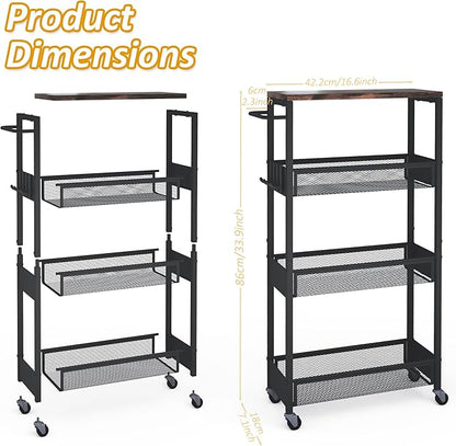 7.1" Wide Slim Rolling Utility Cart, 4 Tier Metal Narrow Storage Cart with Handle and Wood Top, Multifunctional Small Mobile Shelf Unit Organizer Trolley for Laundry, Bathroom, Kitchen