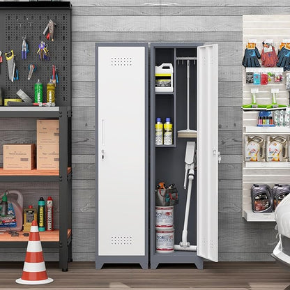 Broom Closet Utility Storage Cabinet with Locking Door and 2 Shelves, 65" H Slim Tool Cabinet for Broom and Mops (Gray White, 65“H-1 Door)
