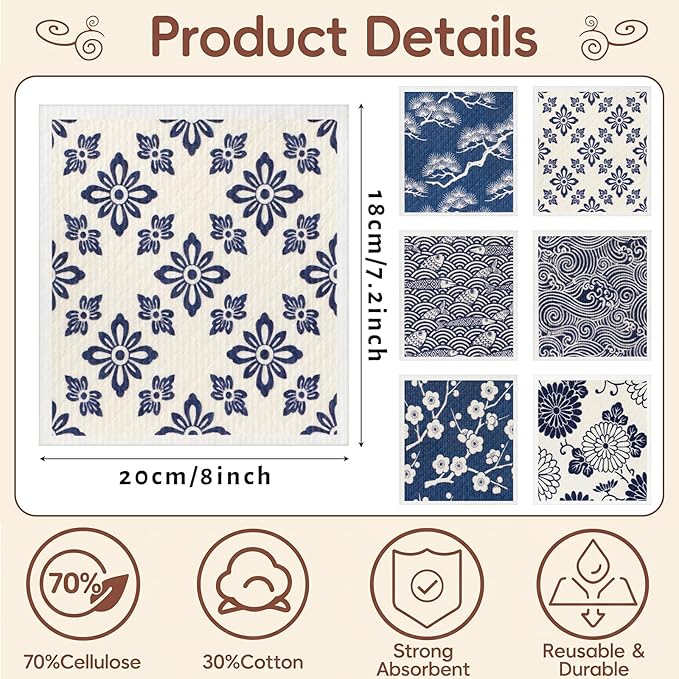 Tegeme 12 Pack Sweden Dishcloths 6 Patterns Super Absorbent Reusable Quick-Drying Washable Sponge Cloths for Kitchen Dishwashing Counters Household Cleaning Durable (Japanese Style)