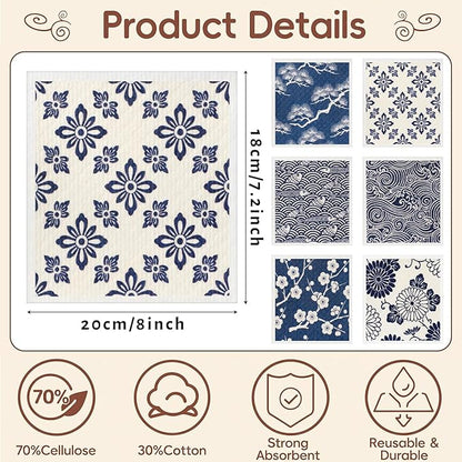 Tegeme 12 Pack Sweden Dishcloths 6 Patterns Super Absorbent Reusable Quick-Drying Washable Sponge Cloths for Kitchen Dishwashing Counters Household Cleaning Durable (Japanese Style)