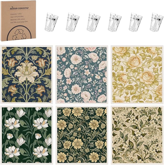 Needbrock 6 Pack William Morris Swedish Dishcloths for Kitchen,Swedish Rags Dish Towels with Clips, Reusable Paper Towel Absorbent Cellulose Sponge Cloths No Odor for Cleaning Home Kitchen