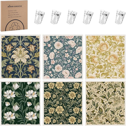 Needbrock 6 Pack William Morris Swedish Dishcloths for Kitchen,Swedish Rags Dish Towels with Clips, Reusable Paper Towel Absorbent Cellulose Sponge Cloths No Odor for Cleaning Home Kitchen