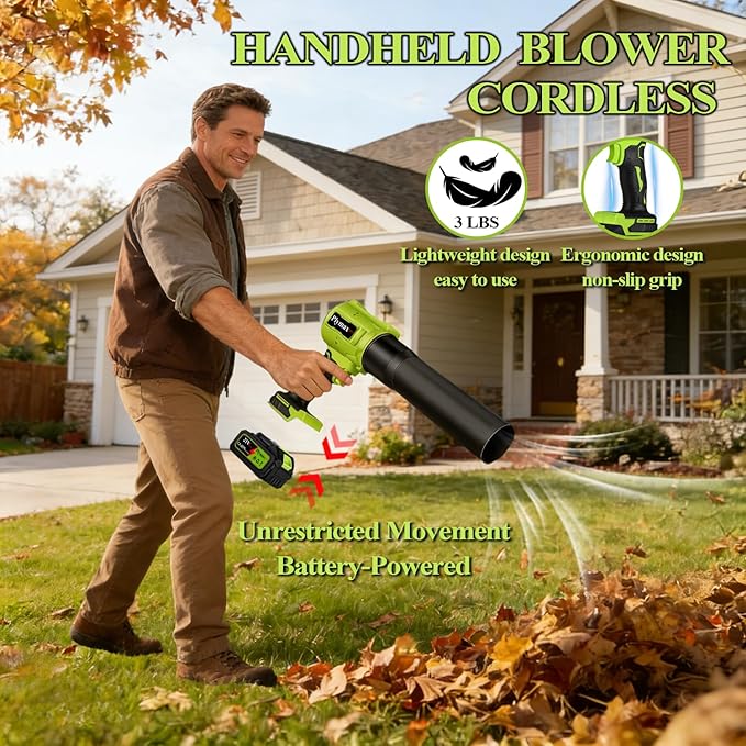 Cordless Leaf Blower,Electric 800,000 RPM Handheld Blower with 2×21V Batteries & Charger,Turbo Jet air Blower with 2 Speed Nozzles for Patio Cleaning,Lawn Care,Leaves,Dust,Snow,Car Drying