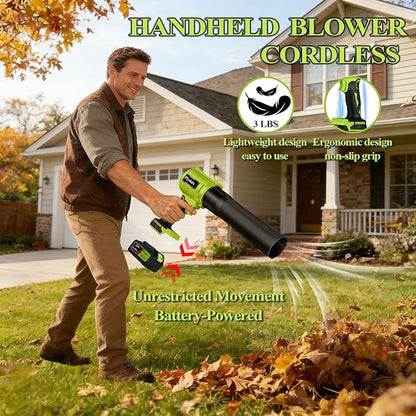 Cordless Leaf Blower,Electric 800,000 RPM Handheld Blower with 2×21V Batteries & Charger,Turbo Jet air Blower with 2 Speed Nozzles for Patio Cleaning,Lawn Care,Leaves,Dust,Snow,Car Drying