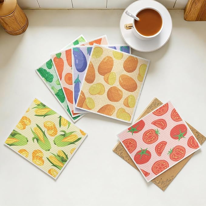 Homaxy Swedish Dishcloths for Kitchen, 6 Pack Vegetable Reusable Paper Towels with Clips, Absorbent Cellulose Sponge Dish Cloths for Washing Dishes, Non-Scratch & Odor-Free Dish Rags