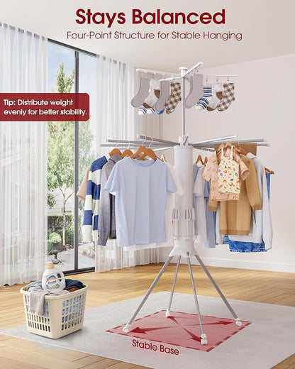 Sakugi Foldable Clothes Drying Rack – Collapsible Laundry Rack with 12 Steel Arms, 4-Leg Stable Base, Reinforced Frame with Clips & Shoe Holders for Indoor Outdoor Use, 44" D x 44" W x 71" H, White