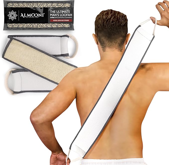 Sturdy Natural Loofah Back Scrubber for Shower for Men, Egyptian Loofah Body Scrubber Exfoliator and Washer for Men to Clean Your Back Deeply Like an Exfoliating Washcloth- 1 Count (1 Pack) - Gray