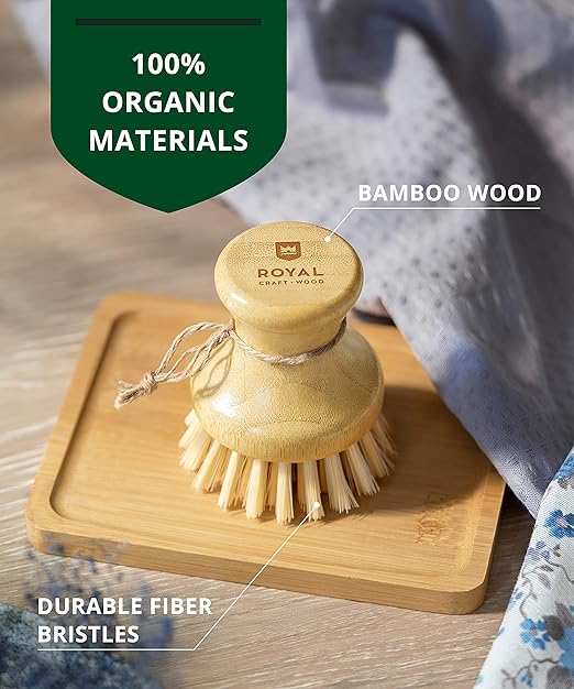 ROYAL CRAFT WOOD Bamboo Dish Scrub Brush w/Handle - Wooden Washing Dish Brush Scrubber for Kitchen - Filrm Bristles Brush with Handle for Sink, Dishes & Vegetables