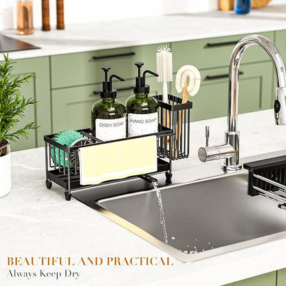 Kitchen Soap Dispenser Set with Sponge Holder and Towel Rack, 17OZ Glass Bottle, Hand and Dish Soap Dispenser Set, Non-Slip Silicone Pad, Brush Holder, Kitchen Sink Caddy Organizer Countertop (Green)